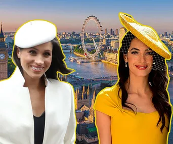 Women in stylish hats smiling in front of the London skyline, including the London Eye and Big Ben.