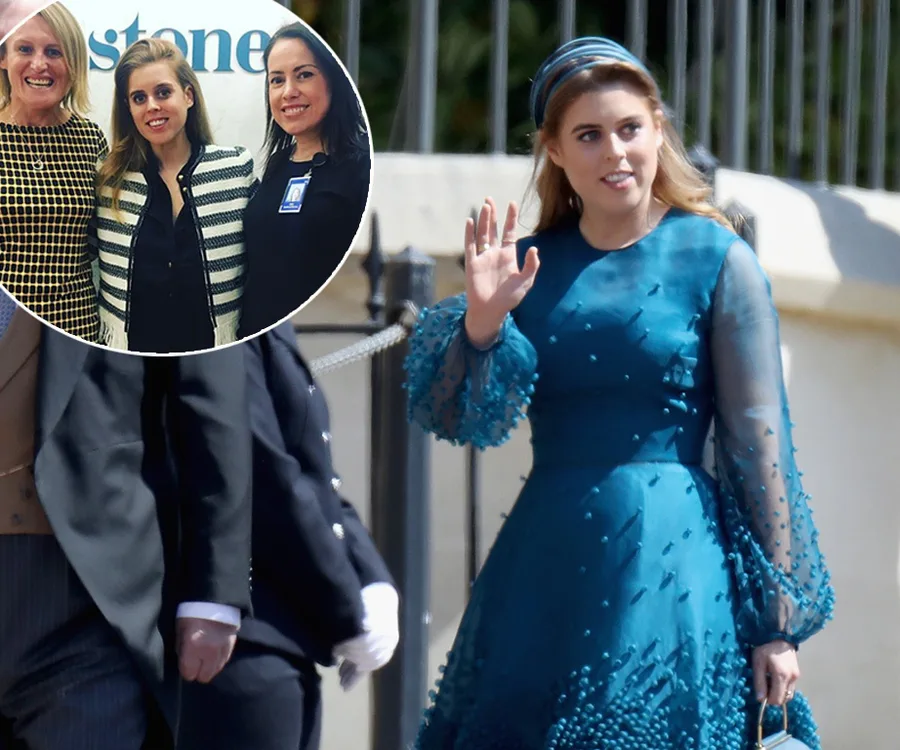 Princess Beatrice waves in a teal dress; inset photo with two others smiling indoors.