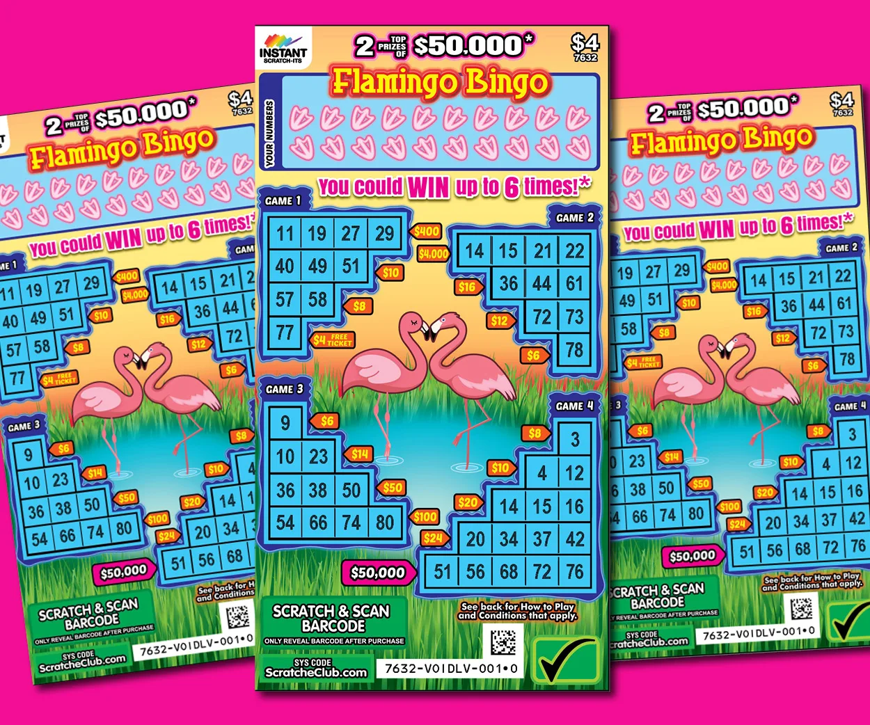 Three colorful Flamingo Bingo scratch cards with numbers and images of flamingos in a pond.