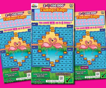 Three colorful Flamingo Bingo scratch cards with numbers and images of flamingos in a pond.
