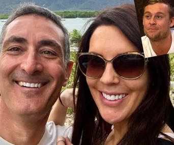 Selfie of a smiling couple outdoors with a small inset image of a man in a white shirt.