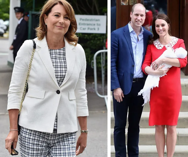 Carole Middleton in checked outfit; next to her, a couple with a baby on steps, woman in red holding the baby.