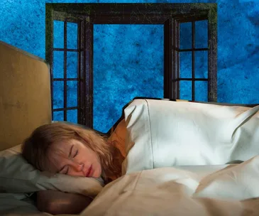 Woman sleeping in bed, with a blue textured background and open window behind her.