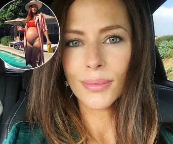 Esther Anderson shows baby bump in swimwear by a pool, inset in a car selfie.