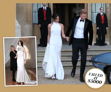 Meghan Markle in a white halter dress with Prince Harry at their wedding reception; inset shows designer.