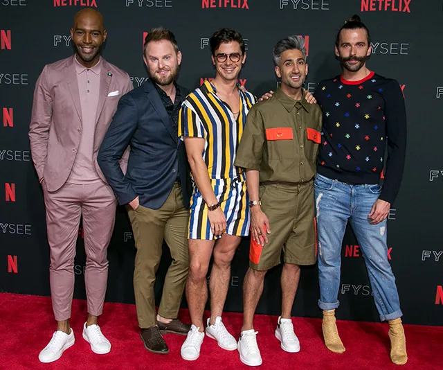 The Fab Five from Queer Eye pose together on the red carpet at a Netflix FYSEE event.