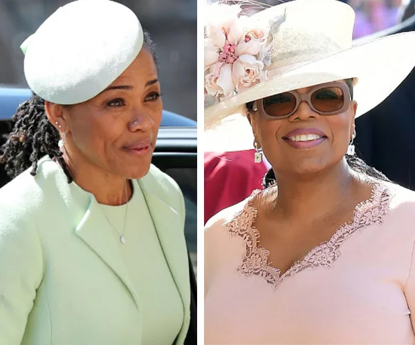 Doria Ragland in a light green outfit and Oprah Winfrey in a pink dress with a floral hat at a public event.