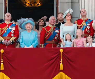 Royal family members on balcony during Trooping the Colour, wearing formal attire, observing event in the sky.