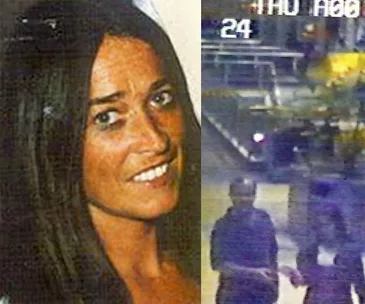 Two-image collage: a smiling woman on the left, a grainy CCTV image of two people walking in an airport on the right.