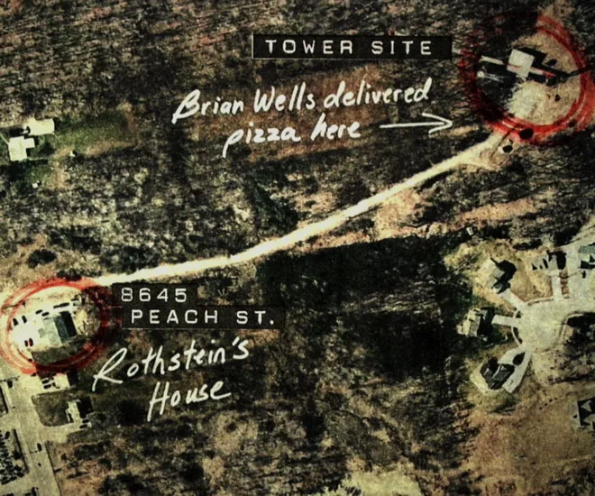 Aerial map with locations marked "Brian Wells delivered pizza here" at tower site and "Rothstein's House" on Peach St.