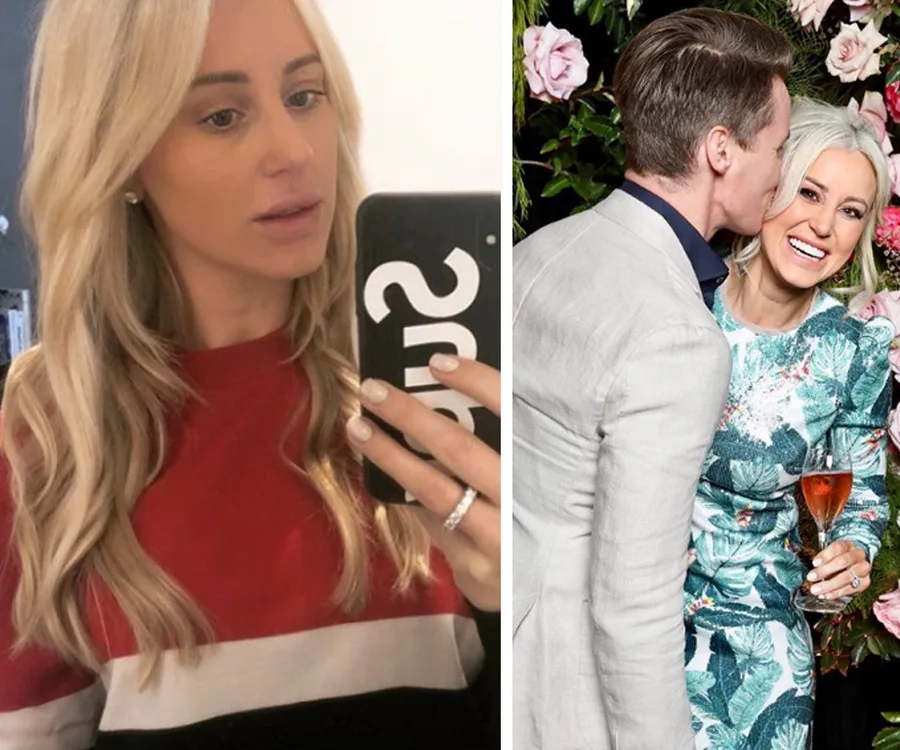 Two images: A woman taking a mirror selfie; a man kisses the woman's cheek at an event, both smiling with a floral backdrop.