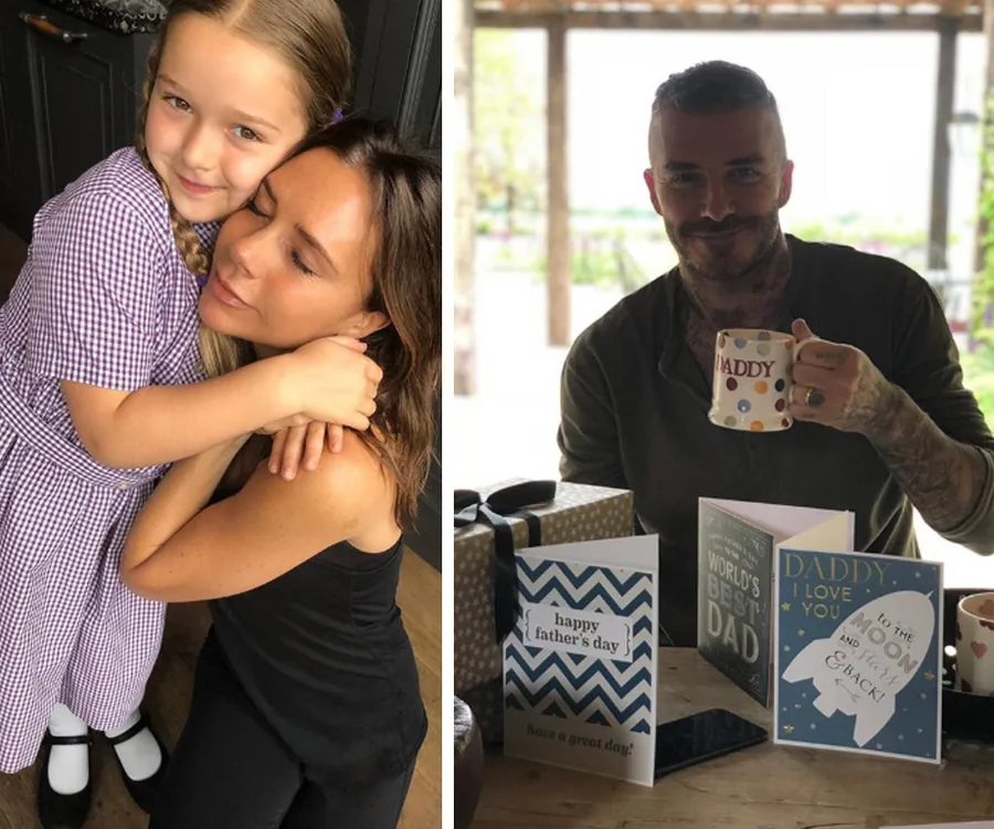"Child in school uniform hugs woman; man holds 'Daddy' mug with gifts and cards on table."