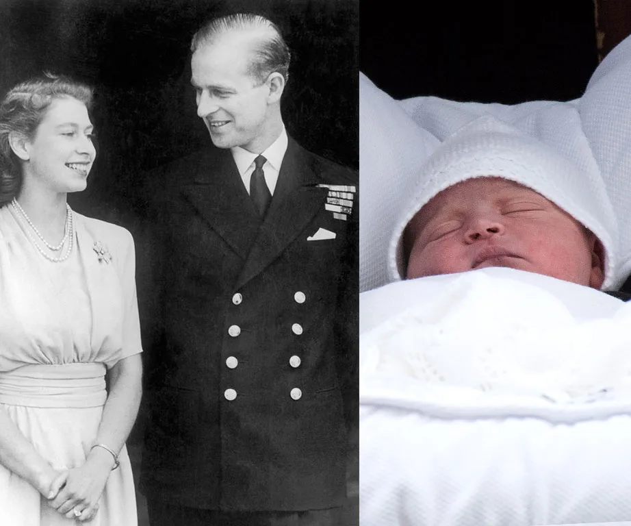"Black and white photo of a young couple smiling alongside a sleeping newborn in white attire."