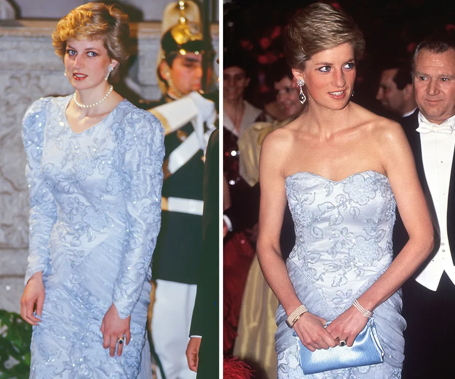 Two side-by-side images of a woman in the same pale blue floral dress, once with sleeves and once as a strapless gown.