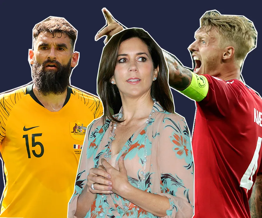 Three individuals: one in yellow sports jersey, one in floral dress, and one in red sports jersey, on a dark background.