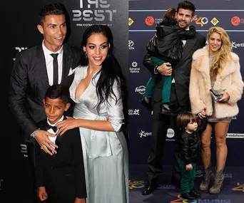 A split image of two couples with their children at formal events, posing on red carpets.