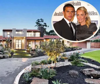 Beautiful Melbourne mansion with landscaped garden and a circular inset of a couple dressed formally.