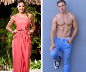 Two individuals are posed separately; one woman in a coral dress, and one shirtless man in jeans against a blue backdrop.