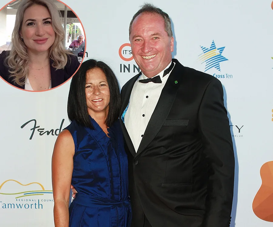 A couple in formal attire smiling at an event, with a circular inset of a woman in the corner.