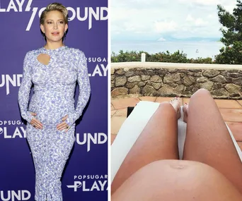 Kate Hudson in a blue dress at an event; relaxing view of legs on a lounger with ocean in the background.
