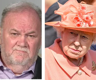 "Two older adults, one in a suit and the other in a peach outfit with a matching hat, photographed side by side."