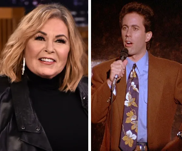Roseanne Barr smiling; Jerry Seinfeld doing stand-up comedy with a microphone.