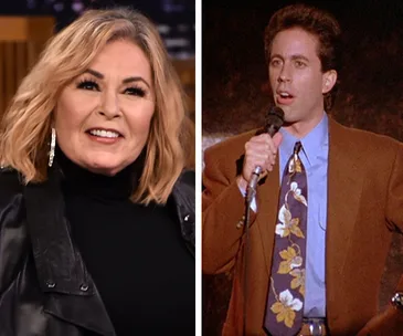 Roseanne Barr smiling; Jerry Seinfeld doing stand-up comedy with a microphone.