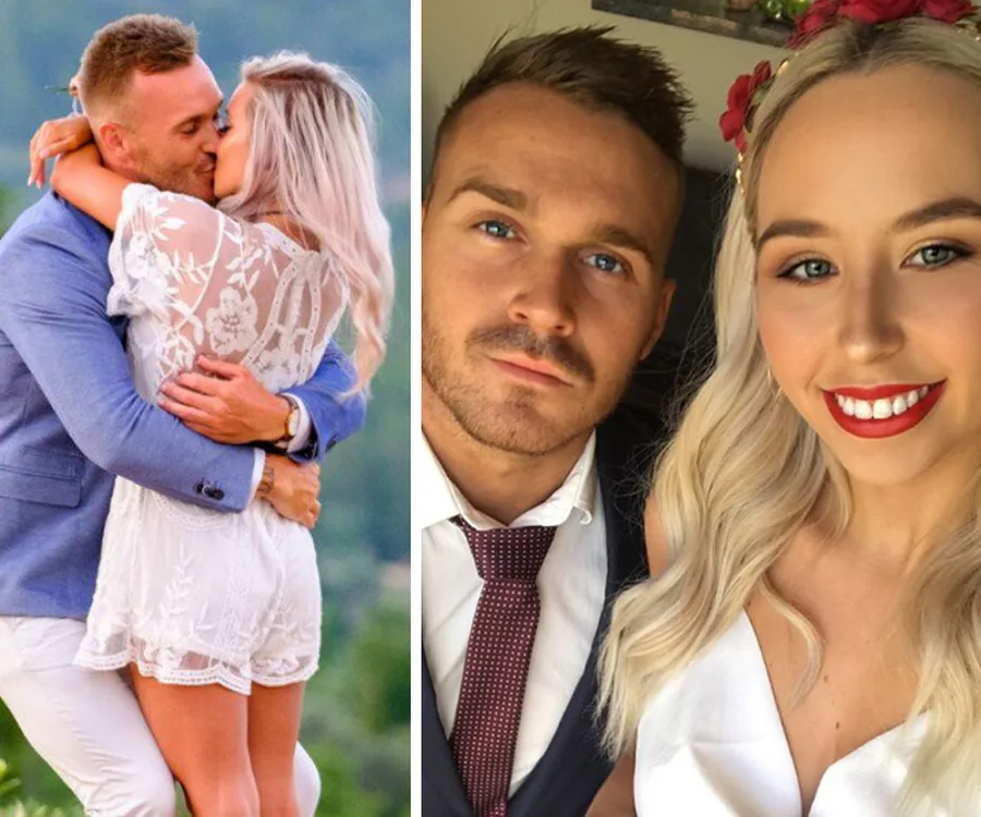 A couple kissing outdoors; a man in a suit and a woman in a white dress. Another photo shows them smiling indoors.