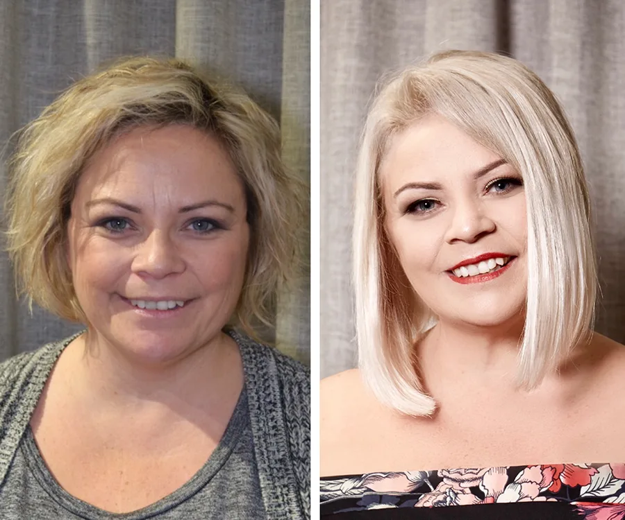 "Before and after makeover showing a woman with tousled hair on the left and styled blonde bob on the right, smiling."