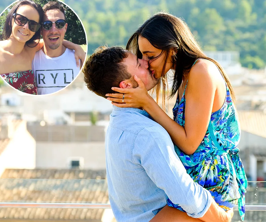 A couple kissing on a terrace, inset shows them posing together outdoors in sunglasses.