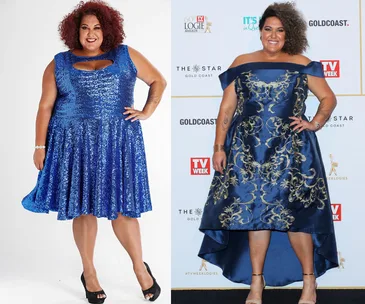 Person in shimmering blue dress (left) and ornate blue gown (right) posing with confidence at an event backdrop.