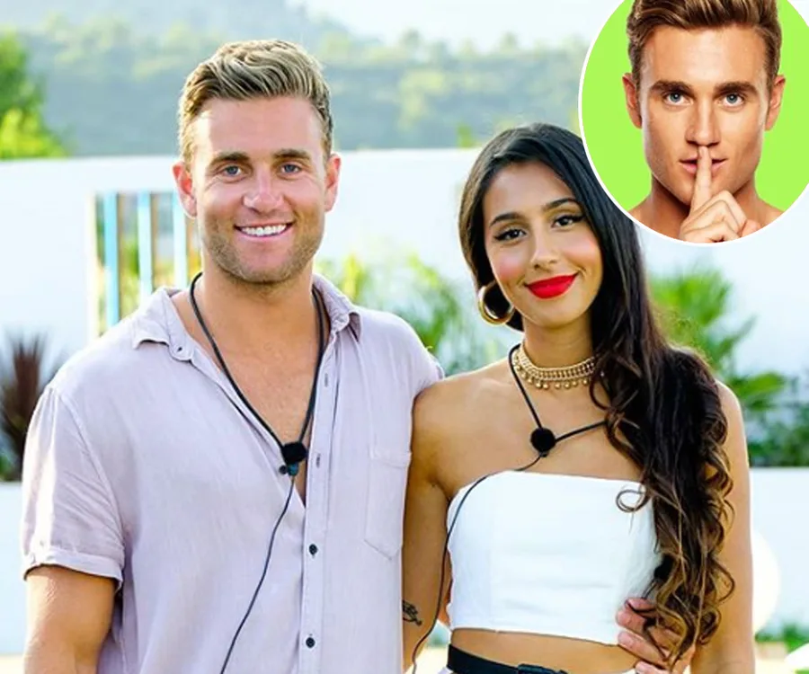 Couple smiling outdoors, man in light shirt, woman in white top; inset shows man with finger to lips on green background.