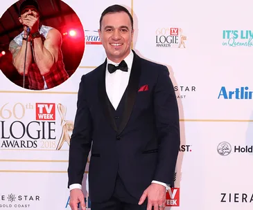 Man in formal attire at the 60th Logie Awards 2018, with a circular inset of a singer performing on stage.