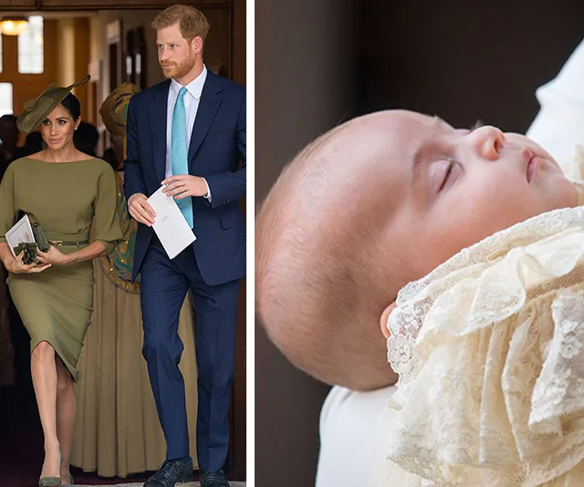 Prince Harry and Meghan Markle attend an event; a baby dressed in lace is peacefully sleeping.