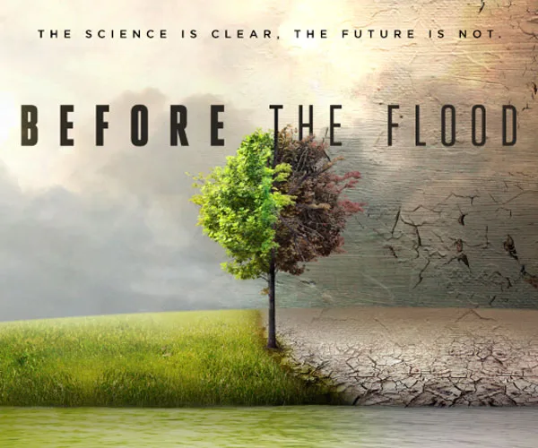 Alt text: "Half green, half barren landscape with a tree, text 'Before the Flood', highlighting climate change."
