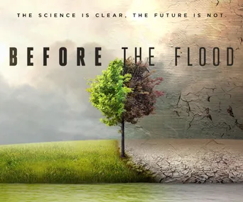 Alt text: "Half green, half barren landscape with a tree, text 'Before the Flood', highlighting climate change."