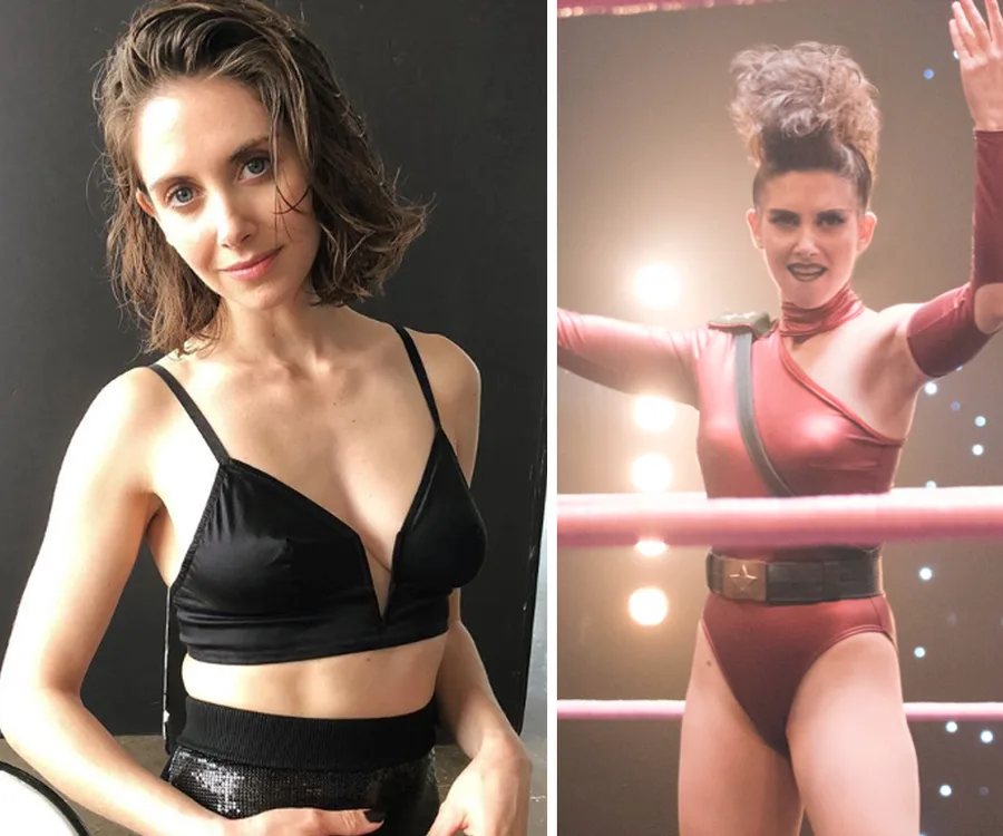 Alison Brie in a black workout outfit, and in 'GLOW' wrestling costume in a ring.