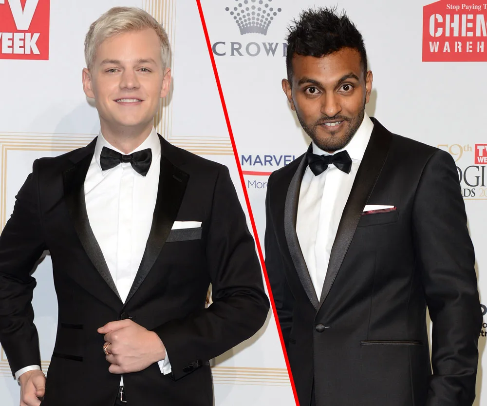 Two men in black tuxedos, smiling at an event, red line divides the image.