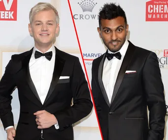 Two men in black tuxedos, smiling at an event, red line divides the image.