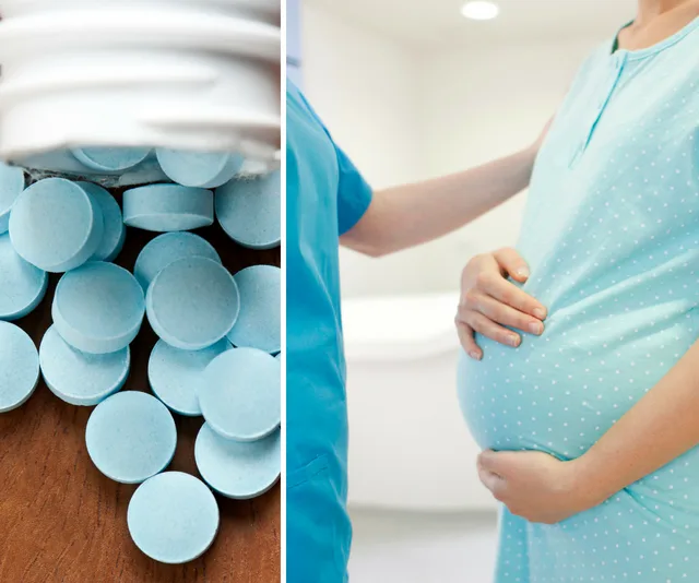 Split screen bottle of viagra on left and woman in labour on right