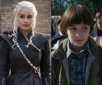 Daenerys Targaryen from "Game of Thrones" and a young boy from "Stranger Things" in a split image.