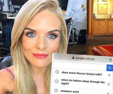 A woman with blonde hair and bright eyes, next to a phone showing Google search history related to parenting questions.