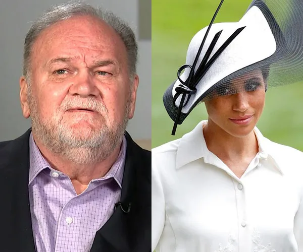 Thomas Markle and Meghan Markle side-by-side, he in a suit, she in a white outfit with a large hat.
