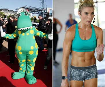 "Left: Dorothy the Dinosaur costume on red carpet. Right: Woman in workout gear and headset, exercising indoors."