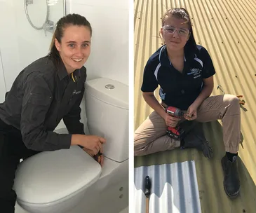 Two women in work attire: one fixing a toilet, the other using a drill on a roof.