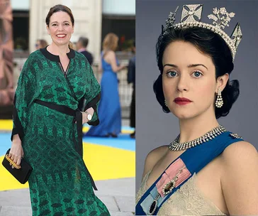 Olivia Colman at an event in a green dress, and a separate image of a woman portraying Queen Elizabeth II with a crown.