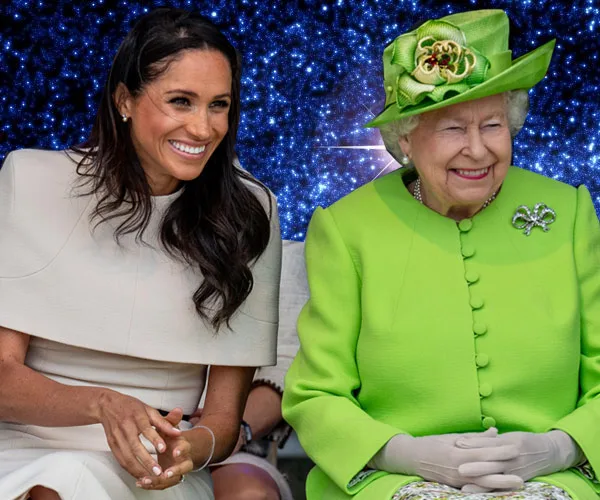 Meghan Markle and Queen Elizabeth sit smiling together, with a sparkling blue background.