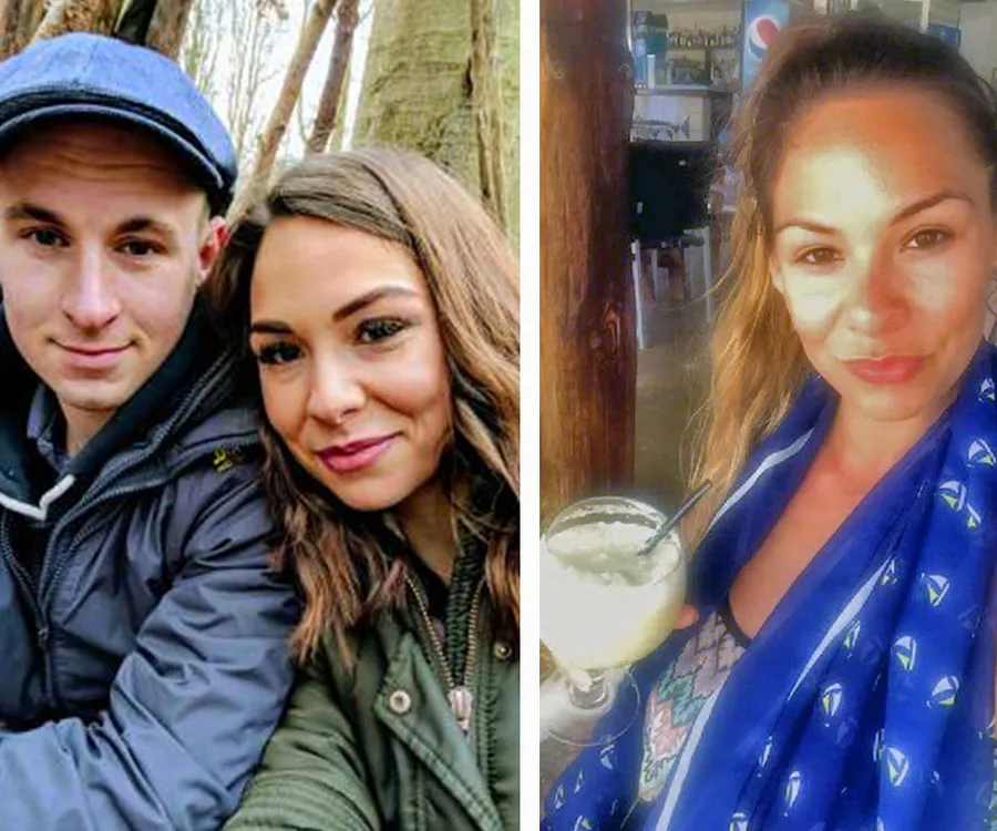 A couple poses outdoors; adjacent is a woman with a drink indoors.