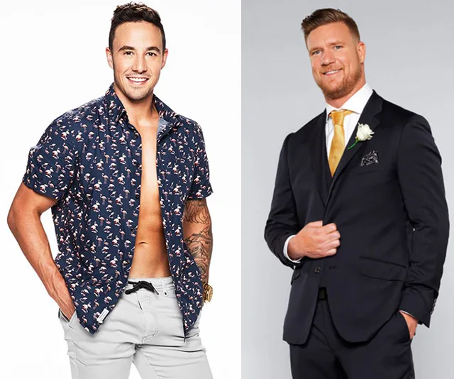 Two men posing: one in a patterned shirt and light pants, the other in a dark suit with a yellow tie and flower boutonniere.