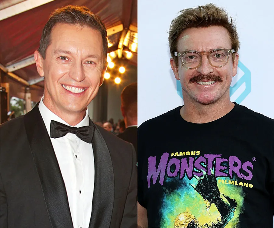 Two men side-by-side; left in a tuxedo, right in glasses and a "Famous Monsters" T-shirt, both smiling.